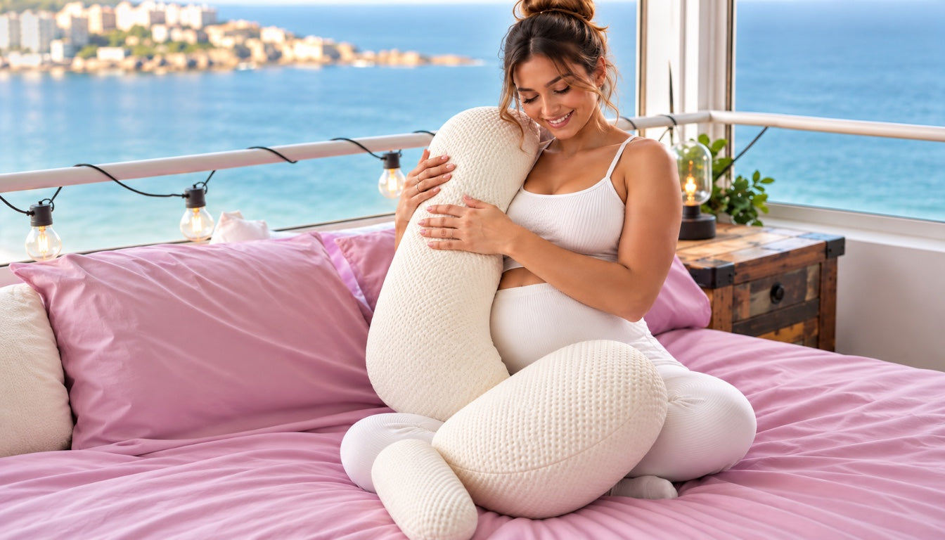 Future maman serrant son coussin de grossesse face à la mer